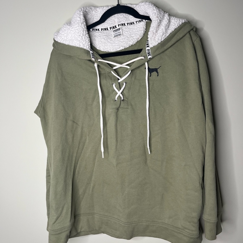 Victoria Secret PINK Olive Lace-Up Hoodie with Sherpa Lining